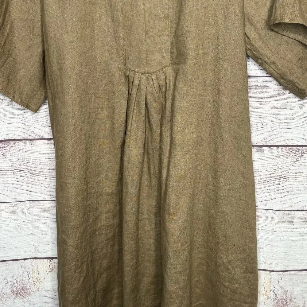 Miou Muse 100% Linen Brown Lagenlook Beachy Relaxed Casual Dress Size Medium